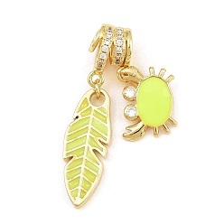 Yellow Brass Micro Pave Clear Cubic Zirconia Pendants, with Enamel, Feather with Crab Charms, Rack Plating, Long-Lasting Plated, Lead Free & Cadmium Free, Real 18K Gold Plated, Yellow, 36mm, Hole: 3mm