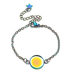 Rainbow Color Ионное покрытие (IP) 304 изготовление браслетов из нержавеющей стали, с карабин-лобстерами , кабельные цепи и плоские круглые кабошоны, Радуга цветов, лоток : 14 мм, 5-1/2 дюйм (14 см)