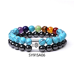 Synthetic Turquoise Synthetic Turquoise & Mixed Stone Beaded Double Layer Bracelet, 7-1/8 inch(18cm)