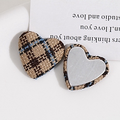 Wheat Cloth Fabric Cabochons, Ornament Accessories, with Metal Finding, Heart with Tartan Pattern, Wheat, 27x26mm