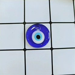 Blue Transparent Glass Pendants, Flat Round with Evil Eye, Blue, 25mm