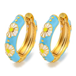 Темно-Голубой Латунные серьги обруча, с цветочной эмалью, без кадмия и без свинца, долговечный, реальный 18 k позолоченный, глубокое синее небо, 19x4.5 мм