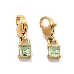 Перидот Квадратные 304 подвесные украшения из нержавеющей стали со стразами, украшения с застежкой в виде клешни лобстера, ионное покрытие (ip), реальный 14 k позолоченный, перидот, 16.5 мм