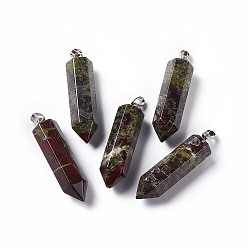 Dragon Blood Natural Dragon Blood Double Terminated Pointed Pendants, with Platinum Tone Brass Findings, Bullet, 39x10x10mm, Hole: 3x6mm