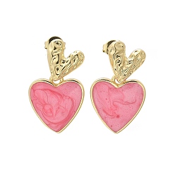 Ярко-Розовый Латунные качают серьги, с эмалью, стойки покрытие, долговечный, без свинца и без кадмия, сердце, реальный 18 k позолоченный, ярко-розовый, 23x14 мм