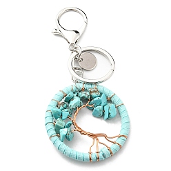 Synthetic Turquoise Synthetic Turquoise Keychains, Flat Round with Tree of Life Charms, 5cm