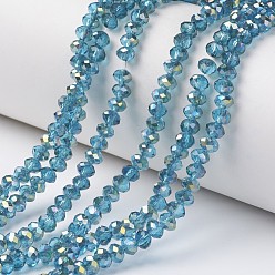 Deep Sky Blue Electroplate Transparent Glass Beads Strands, Half Green Plated, Faceted, Rondelle, Deep Sky Blue, 3x2mm, Hole: 0.8mm, about 150~155pcs/strand, 15~16 inch(38~40cm)