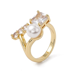Clear Rack Plating Brass Cubic Zirconia Cuff Rings for Women, Square Long-Lasting Plated Open Ring, with Plastic Imitation Pearl, Lead Free & Cadmium Free, Real 18K Gold Plated, Clear, 2.7~18.5mm, Inner Diameter: US Size 6 1/4(16.8mm), Square: 7x7.5mm, Rectangle: 10.5x3.5mm, Plastic Pearl: 7mm