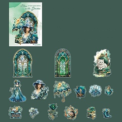 Green 30Pcs Retro Flower Castle Theme PET Waterproof Scrapbook Stickers, for DIY Album Scrapbook, Greeting Card, Green, 100x100mm