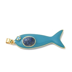 Темно-бирюзовый Рыба из латуни микро проложить Цирконом подвески, с эмалью и натуральным лазуритом, стойки покрытие, долговечный, без свинца и без кадмия, темные бирюзовый, 43x16x9 мм, отверстие : 4x3.5 мм