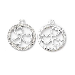 Platinum Rack Plating Alloy Crystal Rhinestone Pendants, Ring with Heart Charms, Platinum, 22.5x19x2mm, Hole: 2mm