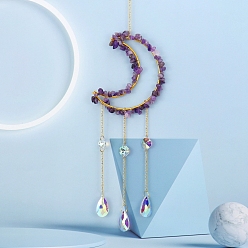 Amethyst Glass & Brass Moon Pendant Decorations, Suncatchers, Rainbow Maker, with Chips Amethyst, for Home Decoration, 520mm