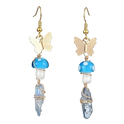 Deep Sky Blue Dyed Natural Quartz Crystal Nugget & Mushroom Lampwork Dangle Earrings, Golden Brass Butterfly Long Drop Earrings, Deep Sky Blue, 63~75x6.5~11mm