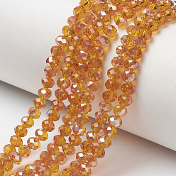 Orange Electroplate Glass Beads Strands, Half Plated, Rainbow Plated, Faceted, Rondelle, Orange, 3.5x3mm, Hole: 0.4mm, about 123~127pcs/strand, 13.7~14.1 inch(35~36cm)