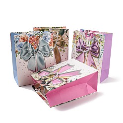 Bowknot 4 Colors Valentine's Day Love Paper Gift Bags, Rectangle Shopping Bags, Wedding Gift Bags with Handles, Mixed Color, Bowknot, Unfold: 23x18x10.3cm, Fold: 23.3x18x0.4cm