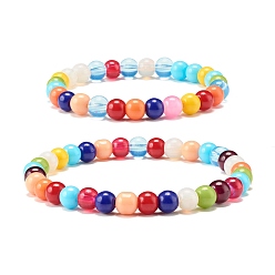 Colorful Candy Color Round Glass Beads Stretch Bracelets Set for Children and Parent, Cute Couple Bracelets, Colorful, Beads: 6mm, Inner Diameter: 2-1/8 inch(5.3cm), Inner Diameter: 1.73 inch(4.4mcm), 2pcs/set