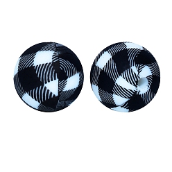 Black Round with Black and White Square Print Pattern Food Grade Silicone Beads, Silicone Teething Beads, Black, 15mm
