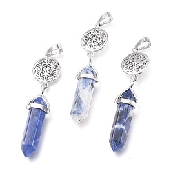 Sodalite Natural Sodalite Pointed Big Pendants, with Platinum Plated Brass Findings, Faceted, Bullet & Flower of Life, 59~67x14~15mm, Hole: 7x5mm
