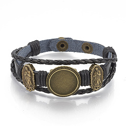 Black Imitation Leather Bracelet Making, with Alloy Cabochon Setting and Waxed Cords, Virgin Mary, Antique Bronze, Black, Tray: 18mm, 8-3/8 inch(213mm)