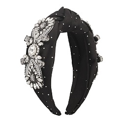 Black Crystal Rhinestone Baroque Wide Head Bands for Women, with Stain Fabric Wrapped Zinc Alloy and Claw Chains, Black, 190x140x60mm