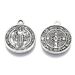 Antique Silver Tibetan Style Alloy Pendants, Saint Benedict Medal, Cadmium Free & Lead Free, Flat Round, Antique Silver Color, Size: about 21mm long, 18mm wide, 2mm thick, hole: 1mm