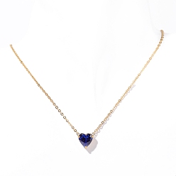 Королевский синий Нержавеющая сталь паве кубический цирконий сердце кулон кабель цепь ожерелья для женщин, золотые, королевский синий, 15.75 дюйм (40 см)