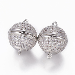 Platinum Brass Micro Pave Cubic Zirconia Magnetic Clasps with Loops, Round, Clear, Platinum, 21.5~22x17mm, Hole: 1.4mm
