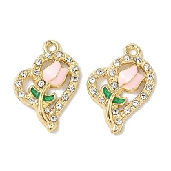 Pink Подвески из сплава эмали и стразов, золотой свет, без кадмия, без никеля и без свинца, сердце с цветочным шармом, розовые, 23x15x3 мм, отверстие : 1.6 мм