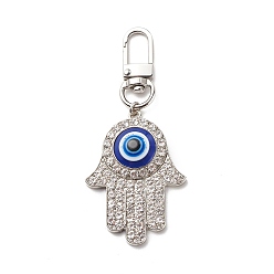 Platinum Zinc Alloy Rhinestone Pendant Decorations, Buddha Hand with Evil Eye Clip-on Charms, for Keychain, Purse, Backpack Ornament, Stitch Marker, Platinum, 88mm