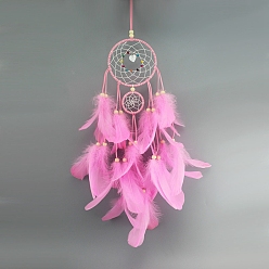 Pearl Pink Iron Woven Net/Web with Feather Pendant Decotations, with Dyed Feather & Wood Beads, & Faux Suede Cord, Wall Hanging Ornament for Car, Home Decor, Flat Round with Flower, Pearl Pink, 500mm, Ring: 110mm in diameter