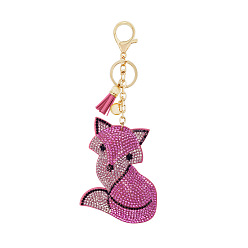 pink Cute Cartoon Fox Keychain with Diamond and Tassel for Bag Accessories