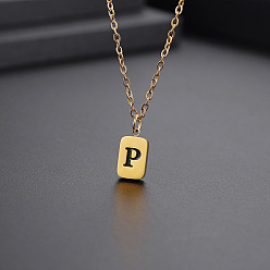 Letter P Titanium Steel Rectangle with Initial Letter Pendant Necklace with Cable Chains for Women, Golden, Letter.P, 17.72 inch(45cm)
