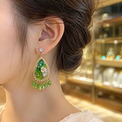 Green Bohemian Alloy Rhinestone Stud Earrings, Teardrop, Glass Dangle Earrings, Golden, Green, 49x20mm