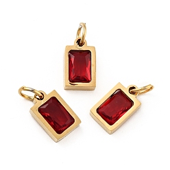 Dark Red Vacuum Plating 304 Stainless Steel Pendants, with Cubic Zirconia and Jump Rings, Single Stone Charms, Rectangle, Golden, Dark Red, 9.5x6x3mm, Hole: 3.6mm