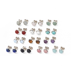 Mixed Stone Gemstone Half Round Stud Earrings, Platinum Brass Jewelry for Women, Cadmium Free & Lead Free, 14x8mm, Pin: 0.7mm