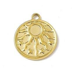 Golden 304 Stainless Steel Pendant Cabochon Settings, Flat Round with Sun, Golden, Tray: 5mm, 21x18x2mm, Hole: 2.3mm