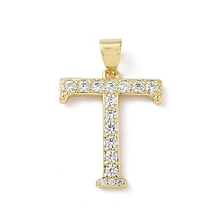 Letter T Латунные микро проложить кубического циркония подвески, без свинца и без кадмия, долговечный, реальный 18 k позолоченный, стойки покрытие, Письмо T, 19.5x16.5x2 мм, отверстие : 4.5x3 мм