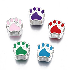 Mixed Color Alloy Enamel European Beads, Large Hole Beads, Cadmium Free & Lead Free, Silver, Bear Paw Prints, Mixed Color, 11x11x7.5mm, Hole: 4.5mm