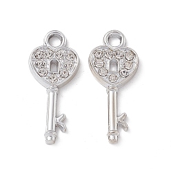 Platinum Alloy Crystal Rhinestone Pendants, Heart Key Charm, Platinum, 25x11x2mm, Hole: 2.5mm
