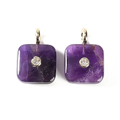 Amethyst Natural Amethyst Pendants, Square Charms with Brass Micro Pave Cubic Zirconia Findings, Golden, 28.5x16.5x10.5mm, Hole: 3.5mm