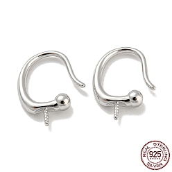 Real Platinum Plated Rhodium Plated 925 Sterling Silver Ear Cuff Findings, for Half Drilled Beads, with S925 Stamp, Real Platinum Plated, 14x11x3mm, Pin: 1mm and 0.7mm