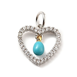 Turquoise Rack Plating Brass Micro Pave Cubic Zirconia Pendants, with Enamel and Jump Ring, Long-Lasting Plated, Platinum, Heart, Cadmium Free & Nickel Free & Lead Free, Turquoise, 12.5x12x1.5~3mm, Jump Ring: 5x0.7mm, Hole: 3.4mm