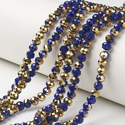 Prussian Blue Electroplate Opaque Glass Beads Strands, Half Golden Plated, Faceted, Rondelle, Prussian Blue, 3.5x3mm, Hole: 0.4mm, about 123~127pcs/strand, 13.7~14.1 inch(35~36cm)
