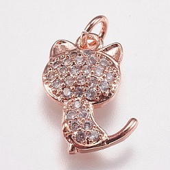 Rose Gold Brass Micro Pave Cubic Zirconia Kitten Charms, Cat Silhouette Shape, Rose Gold, 14x9x2.5mm, Hole: 2mm