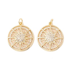 Real 18K Gold Plated Rack Plating Brass Micro Pave Clear Cubic Zirconia Pendants, with Jump Rings, Long-Lasting Plated, Cadmium Free & Lead Free, Flat Round with Sun, Real 18K Gold Plated, 23x20x4mm, Hole: 3.2mm