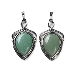 Зеленый Авантюрин Естественный зеленый авантюрин подвески, латунные щиты-талисманы, античное серебро, без свинца и без кадмия, 45.5x26.5x7 мм, отверстие : 7x5 мм