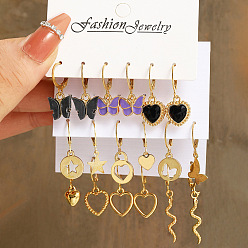 Mixed Color Black Acrylic Butterfly Earrings - Fashionable Heart-shaped Studs, 9-piece Set