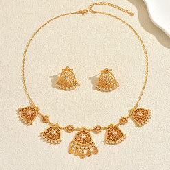 Golden Vintage Brass Micro Pave Clear Cubic Zirconia Filigree Bell Pendant Necklace & Stud Earrings Set for Women, Golden, Necklaces: 15.75 inch(40cm)