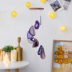 Medium Orchid Agate Slices & Wood Wind Chime, Pendant Decoration, for Home Decoration, Medium Orchid, 550mm