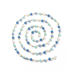 Синий Круглые цепочки из бисера ручной работы из стеклянного жемчуга, с латунными ушками, несварные, синие, 13x6 мм, около 3.28 футов (1 м) / коробка